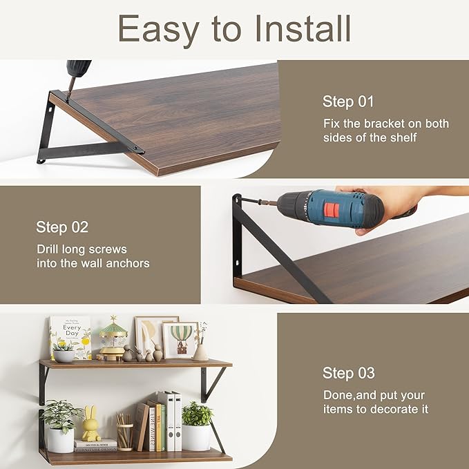 Walnut Floating Shelves Set of 2 - 16"W x 12"D Wide Display Ledges for Bedroom, Bathroom - 12 Deep Bookshelf Wall Mounted