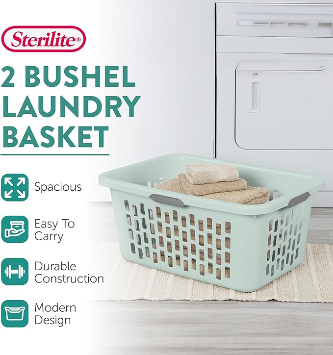 Sterilite Laundry Basket, Plastic Clothes Hamper, Large Rectangle Bin with Comfort Grip Handles and Reinforced Rim, 2 Bushel Capacity, Mint, 18 Pack