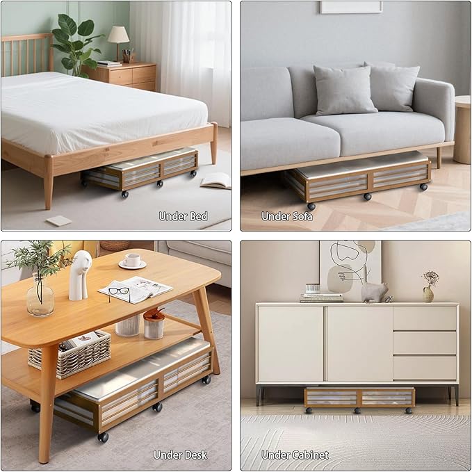 Under Bed Storage Containers with Wheels, Larger Bamboo Wood Under Furniture Storage Containers with Dust Bags，Rolling for Shoes Clothes