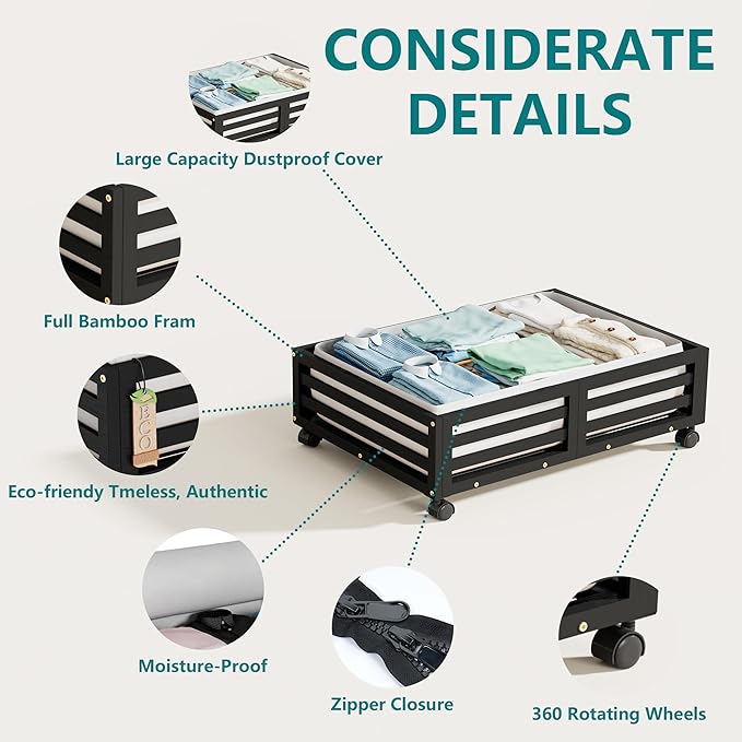 Wisuce Bamboo Under Bed Storage Containers- Underbed Organizer with Wheels with Large Dust Bag,Sturdy Wood Rolling Under the Bed Shoe Storage Organizer Drawer 2 Pack