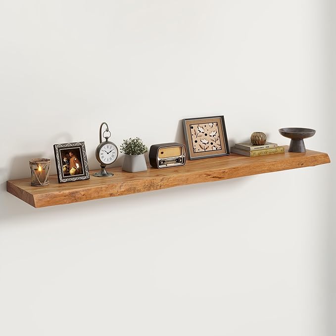 Live Edge Elm Floating Shelves For Wall - 55" W x 9.3" D Rustic Solid long Wood Shelves with Invisible Bracket, Wall-Mounted Storage & Display Shelf for Living Room Bedroom Kitchen, Set of 2, Natural