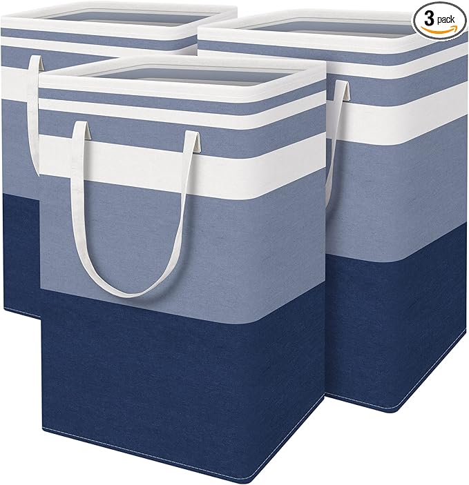 BlissTotes 3-Pack Laundry Basket, Freestanding＆Waterproof Laundry Hamper, Collapsible Tall Clothes Hamper with Easy Carry Handles for Clothes, Towels in the Family and Dorm,Gradient Blue,75L