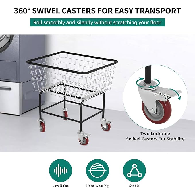 Wire Laundry Cart wtih Wheels, 2.5 Bushel Rolling Laundry Basket, Commercial Basket Carts for Laundry Room, Hotel, Home, Apartment Use, Durable Steel Frame with Galvanized Finish, 5" Casters