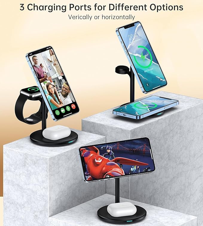 XooFly 3 in 1 Wireless Charging Station for Apple Devices, Fast Wireless Mag-Safe Charger Stand with 20W Adapter for iPhone 17/16 15 14 13 12 Pro Max/Pro/Plus/Air/Mini, iWatch, AirPods (Black)