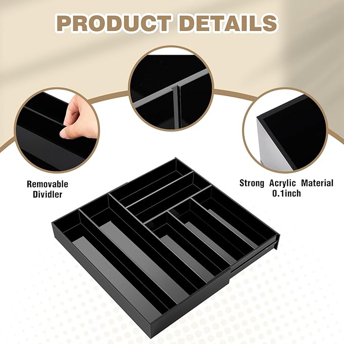 1 Pcs Acrylic Drawer Organizer 9'' up to 18'' x 15'' x 2'' Expandable Drawer Organizer Pens Notebook Ruler Makeup Tray with 7 Adjustable Compartments for Desk Office Kitchen Bathroom(Black)