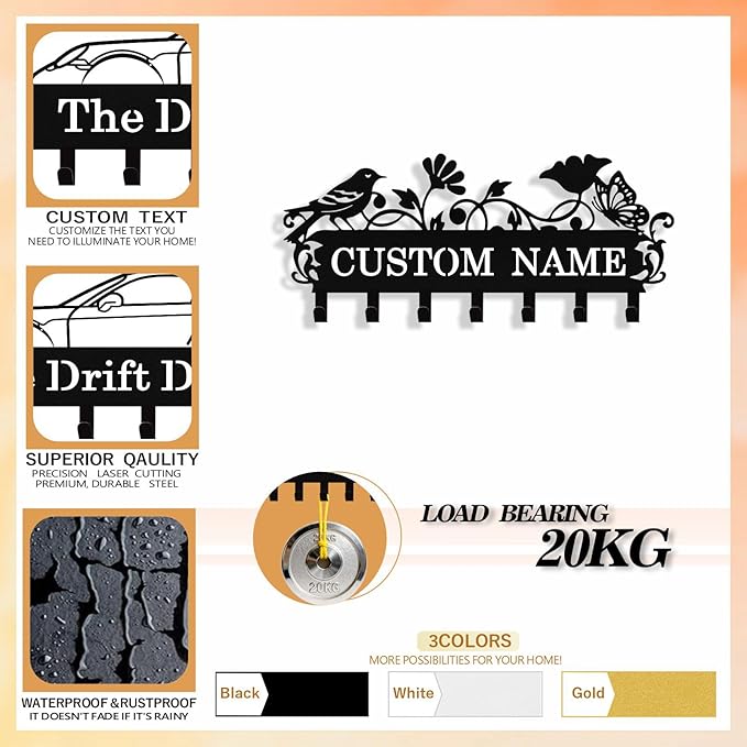 Personalized Bird Key Holder Wall Mount, Custom Metal Key Rack Key Holder with Name, Deer Cabin Wall Keys Hanger with Hooks for Entryway, Front Door, Hallway, Kitchen, Living Room