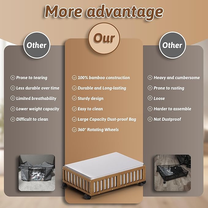 Under Bed Storage Containers with Wheels, 2 Pack Bamboo Under the Bed Shoe Storage Bins, Wood Rolling Underbed Drawers Organizer for Bedroom, Closet Clothes Blanket Comforter Under Crib Toy Walunt