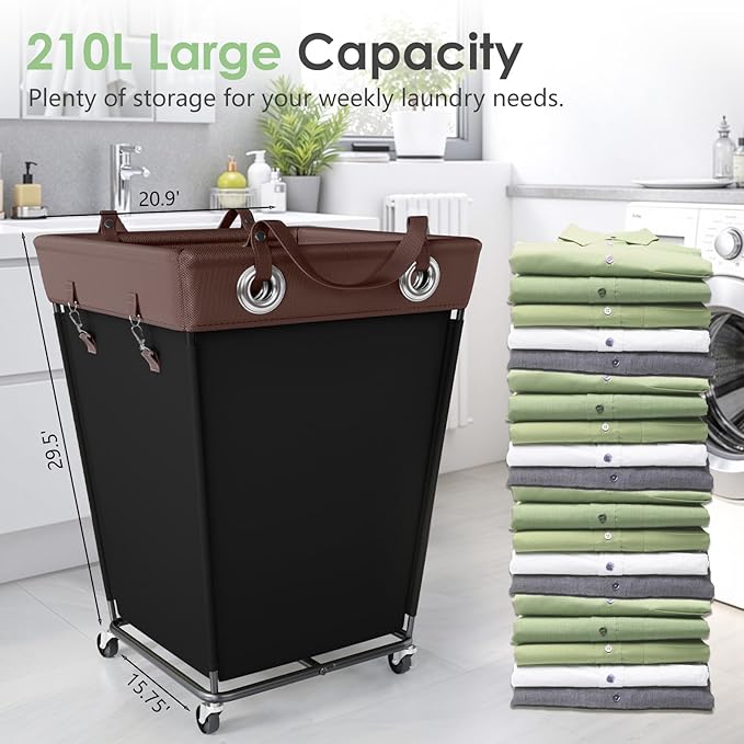 HILIUS Laundry Hamper with Wheels 210L Large Capacity Hamper Rolling Laundry Basket Extra Large Laundry Cart for Easy Transport Storage Basket Ideal for Dorm Laundry Room Bathroom Black