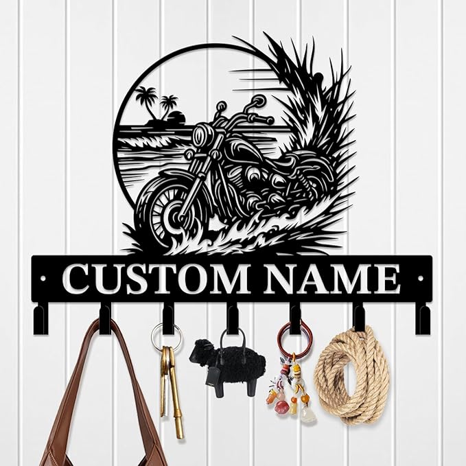 Custom Motorcycle Garage Metal Wall Hooks,Key Holder-Personalized Iron Wall Decor for Keys, Coats & Home(Black, Handmade,Decorative,Entryway, Bedroom,Man Cave) (Style H)