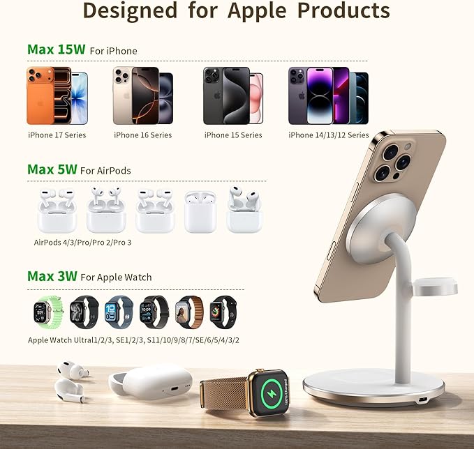 XooFly 3 in 1 Wireless Charging Station for Apple Devices, 15W Fast Wireless Mag-Safe Charger Stand with 20W Adapter for iPhone 17 16 15 14 13 12 Pro Max/Air/Plus/Pro/Mini,iWatch,AirPods (White)