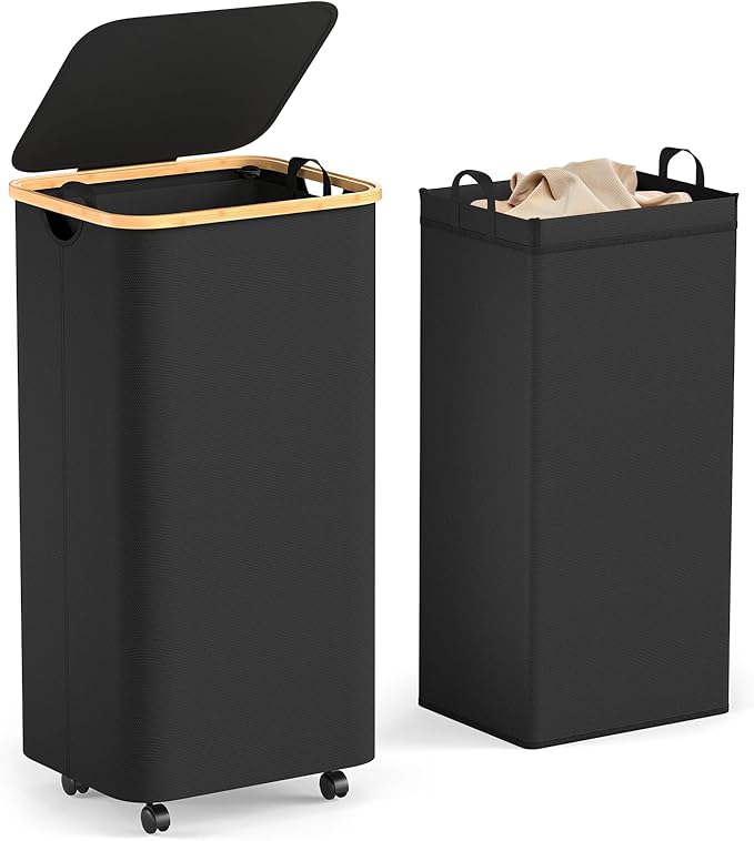 Yecaye 100L Large Capacity Laundry Hamper – Foldable Rolling Laundry Basket, Mobile Clothes Hamper with Wheels, Removable Inner Bag, Bamboo Handle Lid Laundry Bin – Multi-Use Storage, Black