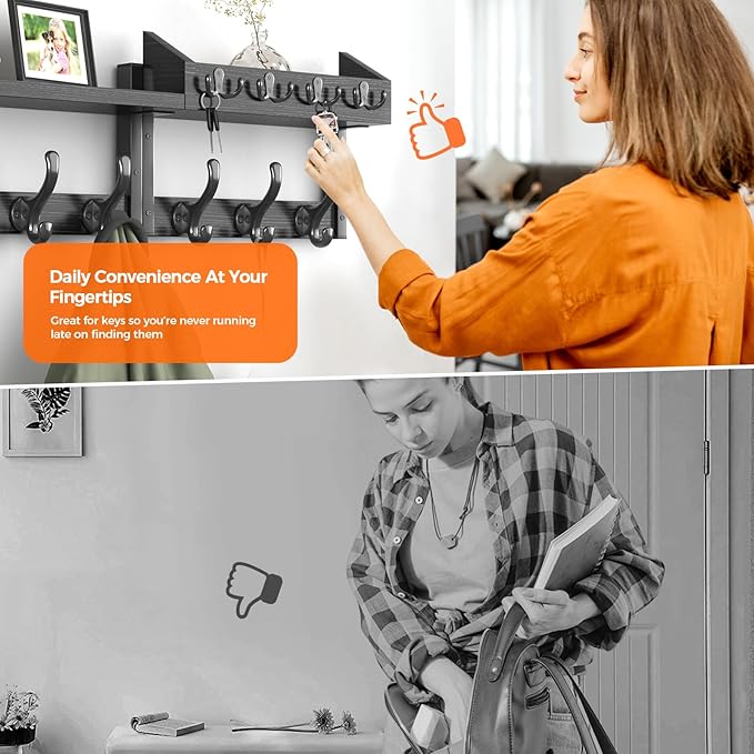 Evermagin 29" Coat Rack Wall Mount with Shelf, 4 in 1 Coat and Key Hanger with 11 Metal Hooks, Entryway Wall Mounted Shelf with Mail Holder for Living Room, Bedroom, Black