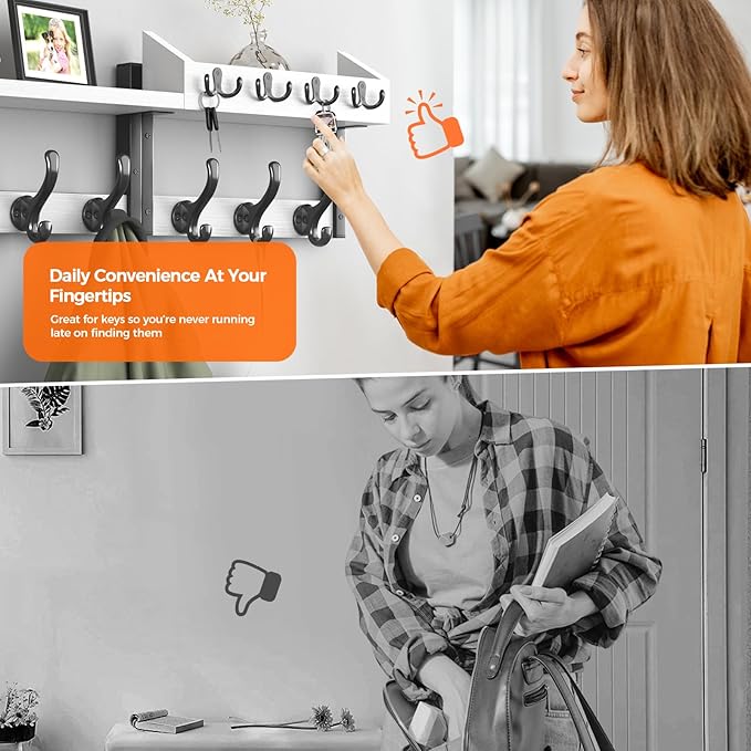 Evermagin 29" Coat Rack Wall Mount with Shelf, 4 in 1 Coat and Key Hanger with 11 Metal Hooks, Entryway Wall Mounted Shelf with Mail Holder for Living Room, Bedroom, White