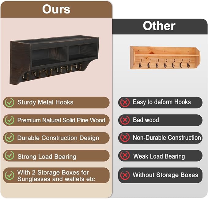 Key Holder Wall Mount - Mail Organizer Wall Mount with 6 Key Hooks and Storage Box for Sunglasses Storage and Dog Leash Holder Home Decor Rack Apartment Farmhouse Shelf Entryway Organizer (Black)