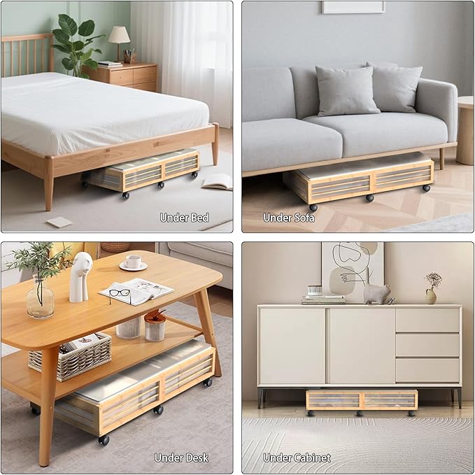 Under Bed Storage Containers with Wheels, Larger Bamboo Wood Under Furniture Storage Containers with Dust Bags，Rolling for Shoes Clothes