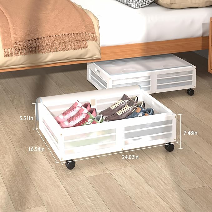 Under Bed Storage Containers with Wheels, Larger Bamboo Wood Under Furniture Storage Containers with Dust Bags，Rolling for Shoes Clothes