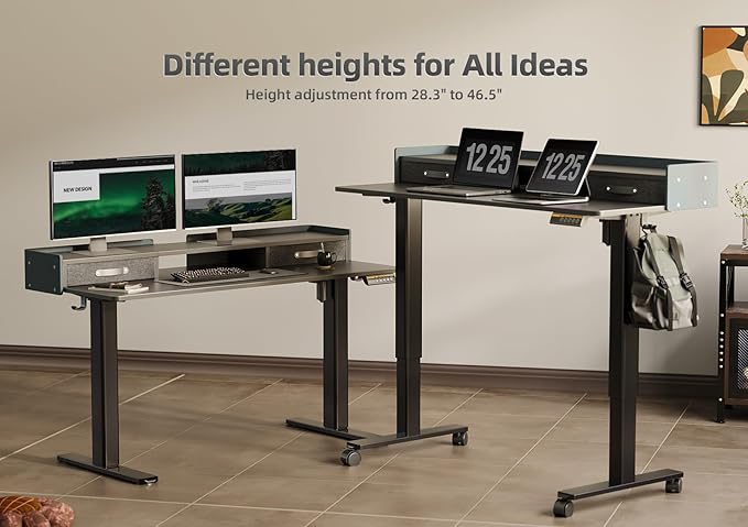 YDN Standing Desk with Drawers, 48 Inch Standing Desk Adjustable Height, Adjustable Electric Stand Up Sit Stand Small with Storage and Shelf, Black