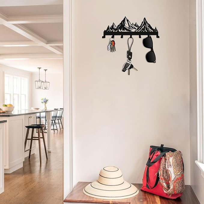 Key Holder Wall Mounted Key Hooks, Black Metal Key Rack Hooks, Mountain Theme Wall Decoration Hooks, with 7 Hooks, Applicable to Front Doors, Lobby,Corridor, Offices (12 ")