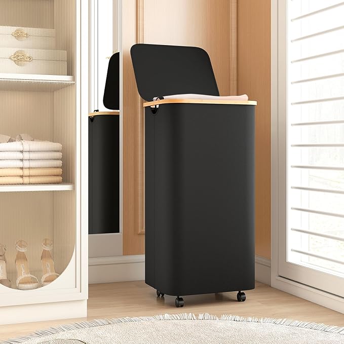 Yecaye 100L Large Capacity Laundry Hamper – Foldable Rolling Laundry Basket, Mobile Clothes Hamper with Wheels, Removable Inner Bag, Bamboo Handle Lid Laundry Bin – Multi-Use Storage, Black