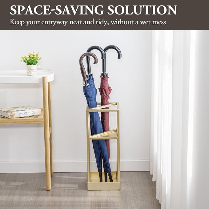 Umbrella Stand,Umbrella Holder for Entryway,20 Inch Tall Modern Brass Tone Metal Geometric Freestanding Entryway Umbrella Rack or Cane Holder with Shelf for Small Umbrellas and Bottom Drip Tray