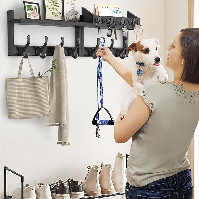 Evermagin 29" Coat Rack Wall Mount with Shelf, 4 in 1 Coat and Key Hanger with 11 Metal Hooks, Entryway Wall Mounted Shelf with Mail Holder for Living Room, Bedroom, Black