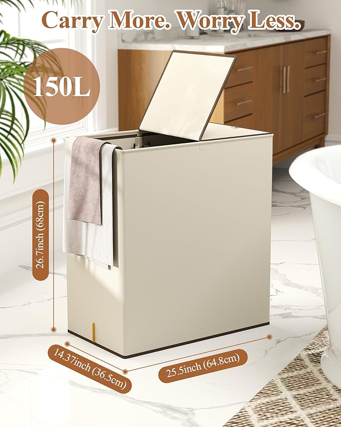 YECAYE 150L Extra Large Laundry Hamper with Lid – Foldable Double Laundry Hamper with Removable Liner – 2 Section Clothes Basket, Dirty Clothes Basket for Bedroom, Bathroom, Laundry Room,Beige