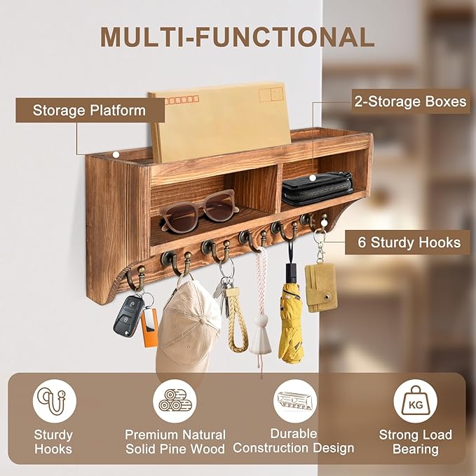 Key Holder Wall Mount - Mail Organizer Wall Mount with 6 Key Hooks and Storage Box for Sunglasses Storage and Dog Leash Holder Home Decor Rack Apartment Essentials Farmhouse Shelf Entryway Organizer