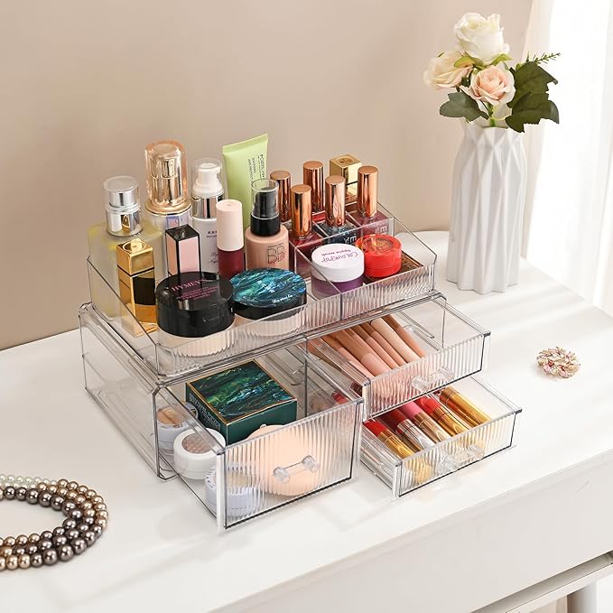 ZHIAI stackable storage drawer, cosmetics storage box, cosmetics and beauty product storage organizer, suitable for makeup room, bathroom, storage room