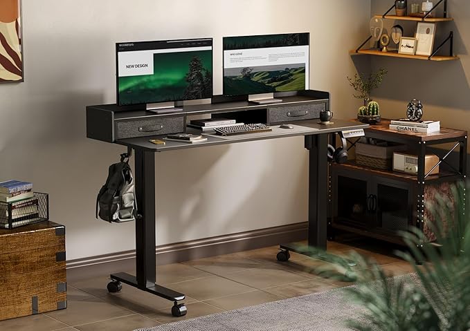 YDN Standing Desk with Drawers, 55 Inch Standing Desk Adjustable Height, Adjustable Electric Stand Up Sit Stand Small Desks with Storage and Shelf, Black