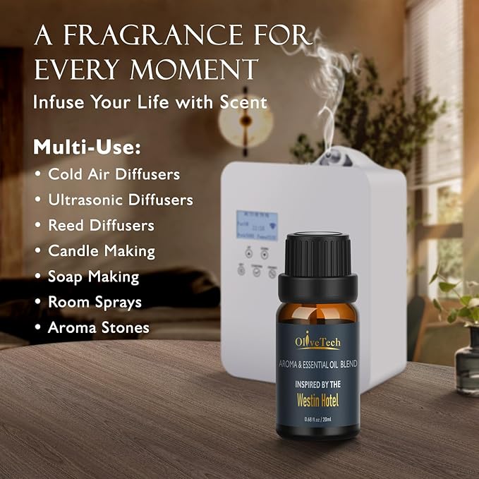 Hotel Diffuser Oil 20ml – Inspired by Westin Hotel Scent, OliveTech Aromatherapy Fragrance Oil for Cold Air & Ultrasonic Diffusers, Glass Bottle (0.68 fl oz)