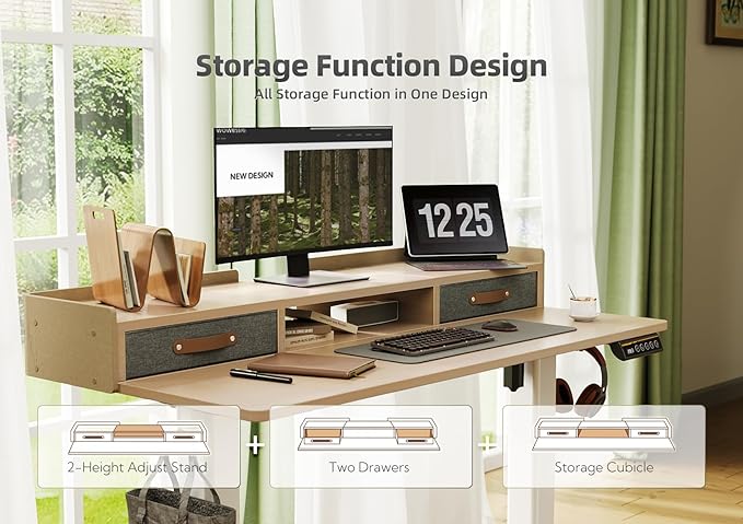 YDN Standing Desk with Drawers, 48 Inch Standing Desk Adjustable Height, Adjustable Electric Stand Up with Storage and Shelf, Natural