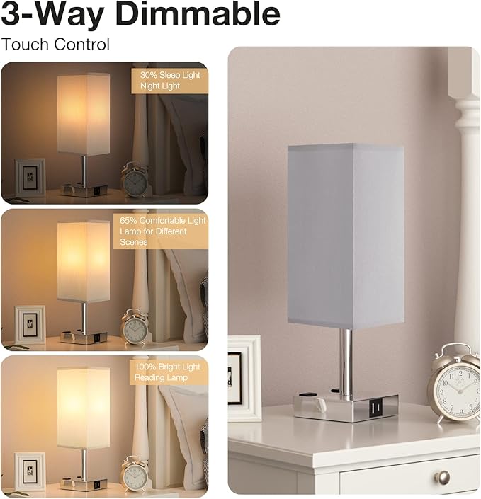 【Upgraded】Bedside Table Lamp Touch Control, with USB C+A Charging Ports & Dual AC Outlets, 3-Way Nightstand Lamp for Bedroom with LampShade Living Room Office(LED Dimmable Bulb Included)