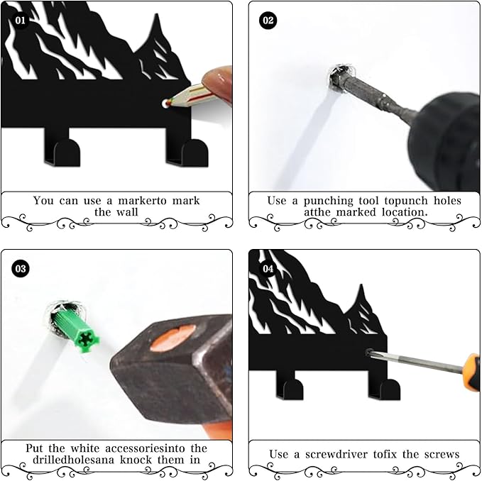 Key Holder Wall Mounted Key Hooks, Black Metal Key Rack Hooks, Mountain Theme Wall Decoration Hooks, with 7 Hooks, Applicable to Front Doors, Lobby,Corridor, Offices (12 ")