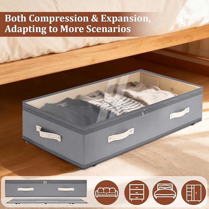 Dolicer 4 Pack Under Bed Storage with Wheels, 6in-10in Height Adjustable Underbed Storage Containers, 92L XXXL Under Bed Drawers Rolling Bin with Clear Lids for Dorm Shoes Clothes Organizers(Grey)