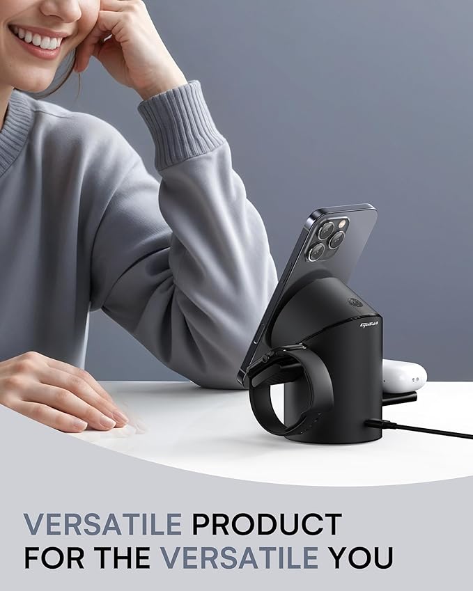 ZEEHOO 3 in 1 Charging Station for Apple Devices, Mag-Safe Charger Stand, Qi2 15W Auto-Rotating Wireless Charger for iPhone 17 16/15/14/13/12 Series& AirPods& iWatch(Black)