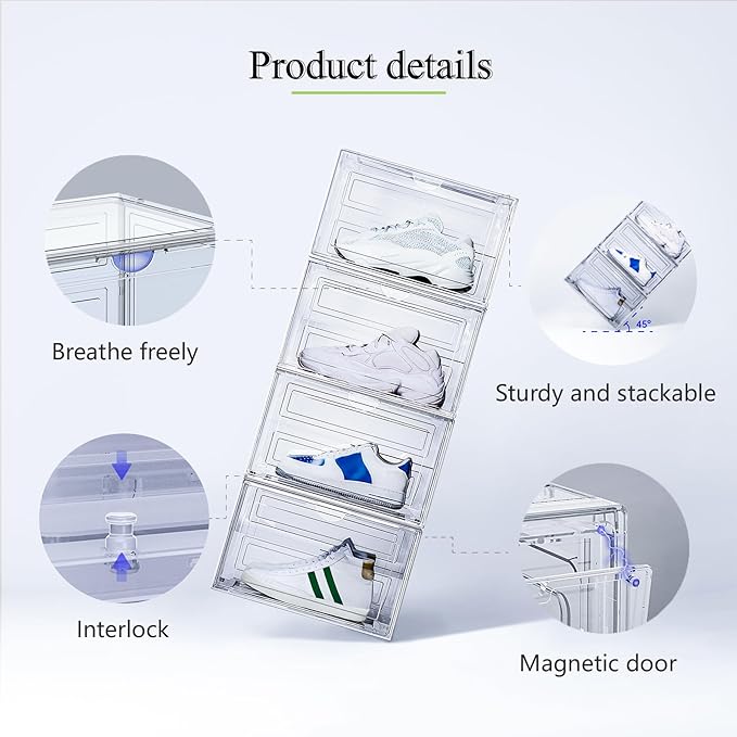 XL Shoe Storage Box,8 Pack Drop Side Shoe Boxes Clear Plastic Stackable,Sneaker Display Case with Magnetic Door Fit up to US 13（13.4”x 10.6”x 8.3”(8 Pack Clear)