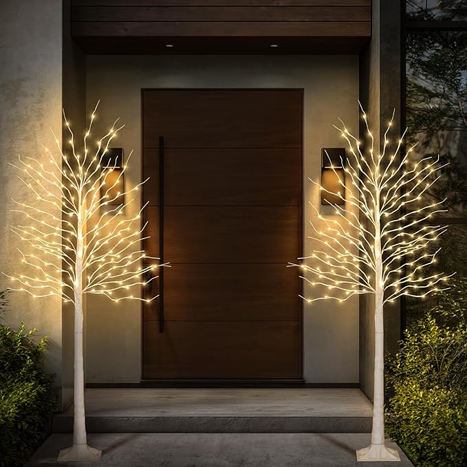 Birch Tree Lights 6+6FT, Set of 2 Prelit Christmas Trees 8 Lighting Effects and Timer, Artificial Trees Warm White Fairy Lights, Twinkling Twig Trees for Xmas Party Wedding Indoor Outdoor