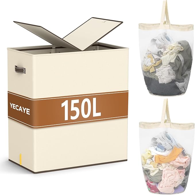 YECAYE 150L Extra Large Laundry Hamper with Lid – Foldable Double Laundry Hamper with Removable Liner – 2 Section Clothes Basket, Dirty Clothes Basket for Bedroom, Bathroom, Laundry Room,Beige