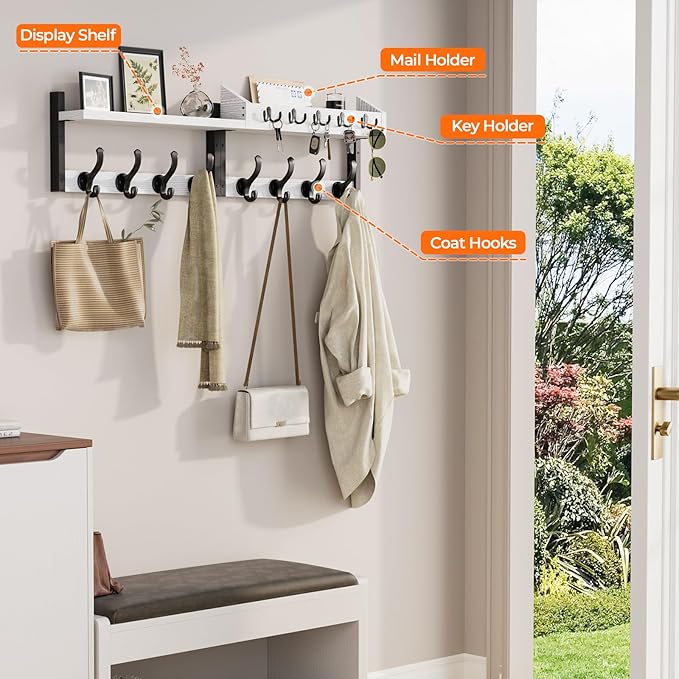 Evermagin 35" Coat Rack Wall Mount with Shelf, 4 in 1 Coat and Key Hanger with 13 Metal Hooks, Entryway Wall Mounted Shelf with Mail Holder for Living Room, Bedroom, White