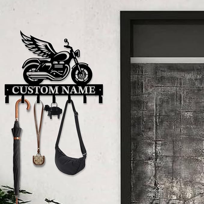 Custom Motorcycle Garage Metal Wall Hooks,Key Holder-Personalized Iron Wall Decor for Keys, Coats & Home (Black, Handmade,Decorative,Entryway, Bedroom,Man Cave) (Style A)