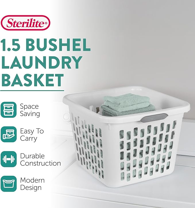 Sterilite 6-Pack 1.5 Bushel Capacity Square Laundry Basket, White – Plastic Clothes Hamper Storage with Ventilated Rectangular Holes & Large Comfort Grip Handles for Easy Carry