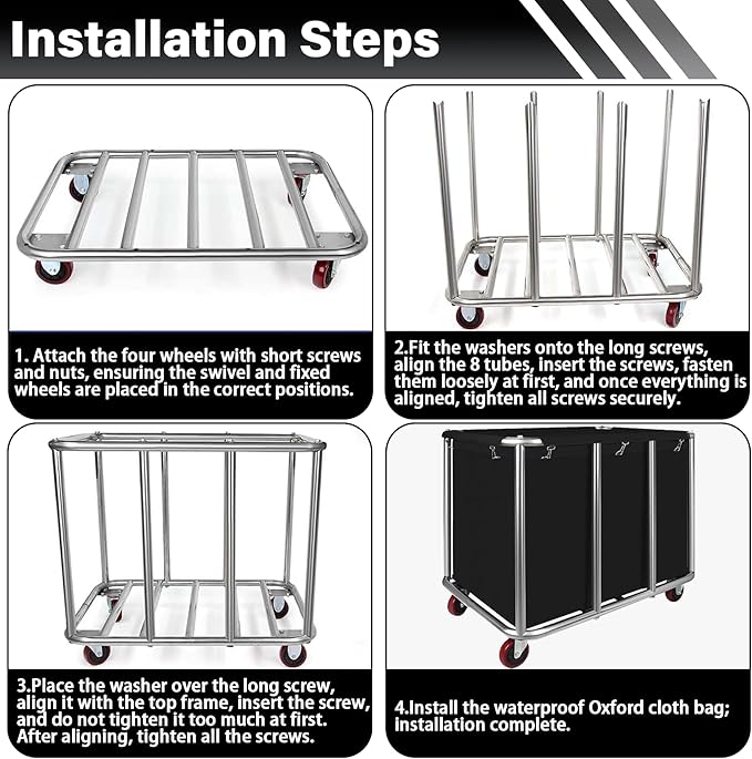 Commercial Laundry Cart with Wheels, 400L Capacity Heavy Duty Large Laundry Basket with Watertight Oxford Bag and Sturdy Steel Frame for Home, Hotel,Hospital,440 lbs(Black)