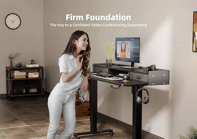 YDN Standing Desk with Drawers, 55 Inch Standing Desk Adjustable Height, Adjustable Electric Stand Up Sit Stand Small Desks with Storage and Shelf, Black