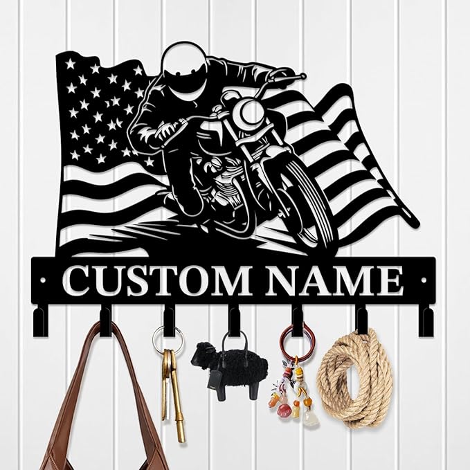 Custom Motorcycle Garage Metal Wall Hooks,Key Holder-Personalized Iron Wall Decor for Keys, Coats & Home (Black, Handmade,Decorative,Entryway, Bedroom,Man Cave) (Style F)