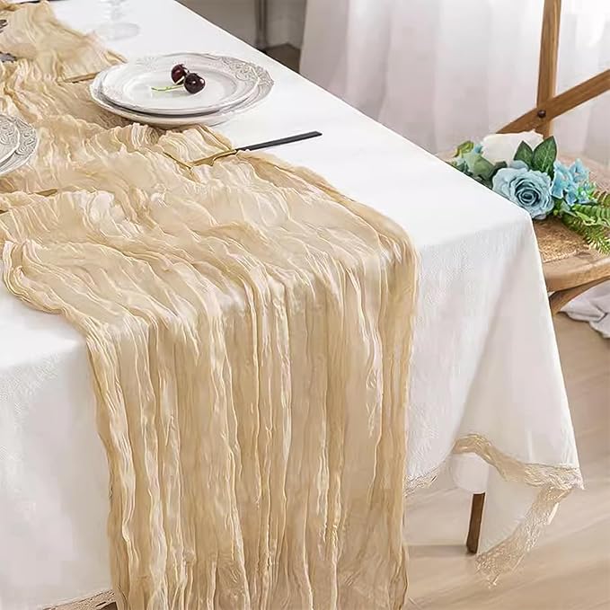 10 Pack 10 Ft Cheesecloth Table Runner Beige Gauze Long Table Runners Boho Gauze Cheese Cloth Table Runner Rustic Sheer Runner for Wedding Party Table Decor ( 35 x 120 Inch )