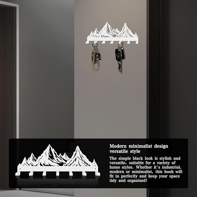 Key Holder Wall Mounted Key Hooks, White Metal Key Rack Hooks, Mountain Theme Wall Decoration Hooks, with 7 Hooks, Applicable to Front Doors, Lobby,Corridor, Offices (12 ")