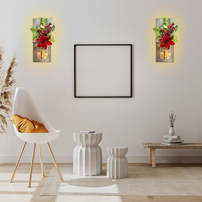 Mason Jars Sconce Decor Rustic Wall Sconces Handmade Wall Art Hanging Design with Remote Control LED Fairy Lights and Red Berry, Xmas Farmhouse Wall Home Decor Living Room Lights Set of Two