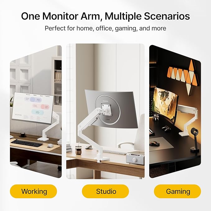 monTEK Single Monitor Arm with USB for Max 45 Inch Ultrawide Screens Adjustable Monitor Desk Mount Holds 35 Lbs Cable Management with C Clamp/Grommet Desk Mount, VESA 75/100mm, MA1007UCWH