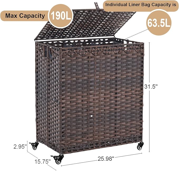 Laundry Hamper with Wheels&Lid, 50.2 Gallons(190L) Rolling Laundry Basket with Wheels, 3-Section Laundry Hamper, Handwoven Rattan Clothes Hamper with 6 Removable Liner& 3 Mesh Laundry Bags, Brown