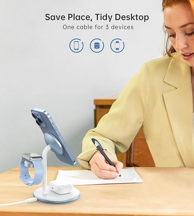 XooFly 3 in 1 Wireless Charging Station for Apple Devices, Fast Wireless Mag-Safe Charger Stand with 20W Adapter for iPhone 17/16 15 14 13 12 Pro Max/Pro/Plus/Air/Mini, iWatch, AirPods (Light Blue)